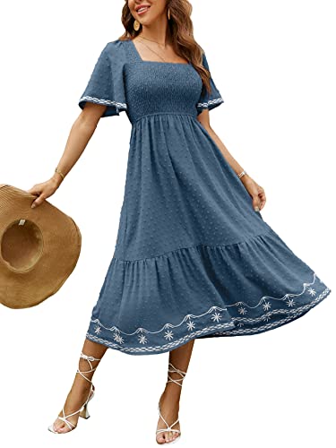 Glamaker Women's Short Sleeve Smocked Square Neck A Line Summer Flowy Maxi Long Dress - color: 01-dark Blue, size: Small