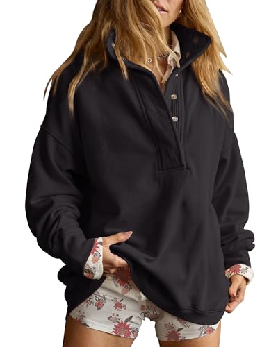 Gacaky Sweatshirt for Women Oversized Henley Neck Pullover Top Fall Outfits - color: Black, size: XX-Large