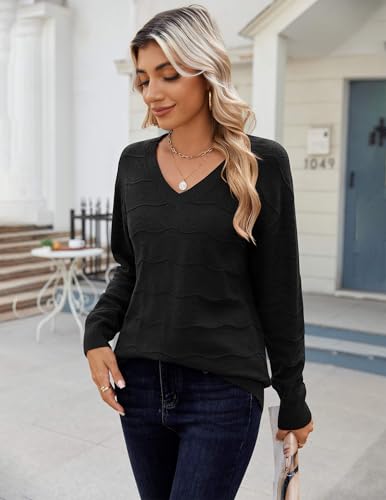 Zeagoo Womens Sweaters Fall Casual Long Sleeve V Neck Shirts Lightweight Crochet Ribbed Knit Pullover Tops Outfits - color: Black, size: Small