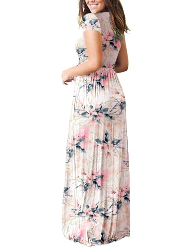 MISFAY Women's Short Sleeve Maxi Dresses Long Casual Dresses with Pockets - color: 2 White Pink Flower, size: XX-Large