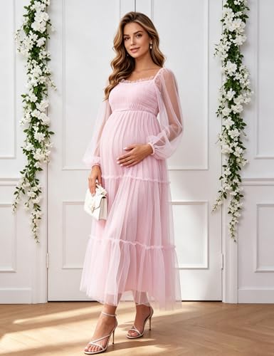 Maternity Maxi Dress Women Elegant Mesh Dress for Baby Shower - size: Medium