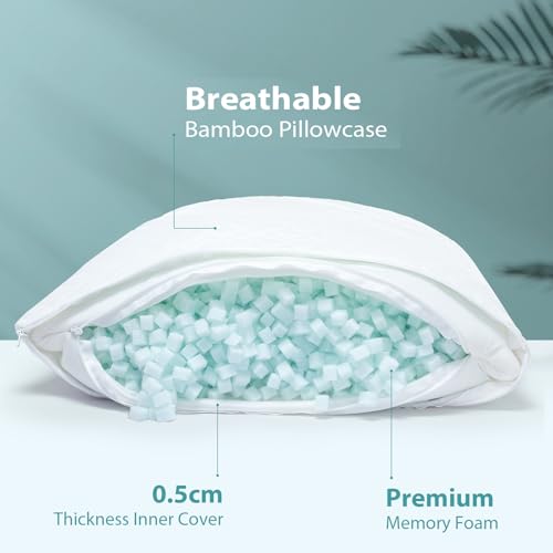 Rainmr Queen Size Bed Pillow for Sleeping Shredded Memory Foam Adjustable Loft Pillows with Cooling Washable Pillow Case, 20x30 inches (White, Queen 1-Pack) - size: 20x30 IN