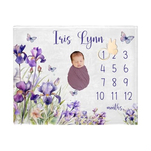 Customized Baby Monthy Milestone Blanket, Iris Monthly Blanket, Butterfly Floral Throw, Newborn Shower Gift, Newborn Girl Milestone Throw, Irises Blanket'S - color: Butterfly Floral