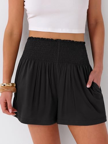 ANRABESS Women Flowy Wide Leg Shorts Smocked High Waist Summer Beach Boho - color: Black, size: Medium