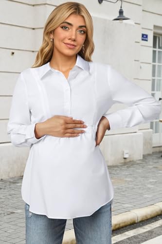 OUGES Women's Maternity Nursing Shirts Long Sleeve Hidden Zippers Pregnancy Blouse Button Down Work Office Tops 2025 - color: White, size: Large