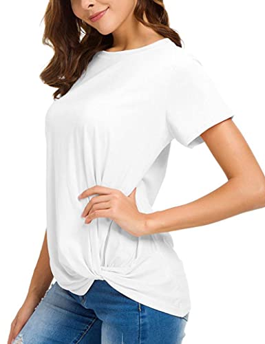 LUSMAY Womens Short Sleeve Loose Twist Knot Front T Shirts Cotton Casual Blouse - color: White, size: Medium
