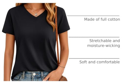 YUCOLEN Womens Shirts Cotton Short Sleeve Tops V Neck Casual Basic Tees - color: A-black, size: Large