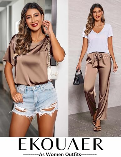 Ekouaer Pajamas for Women Set Silky Satin 2 Piece Lounge Sets with Pockets - color: Brown, size: Large
