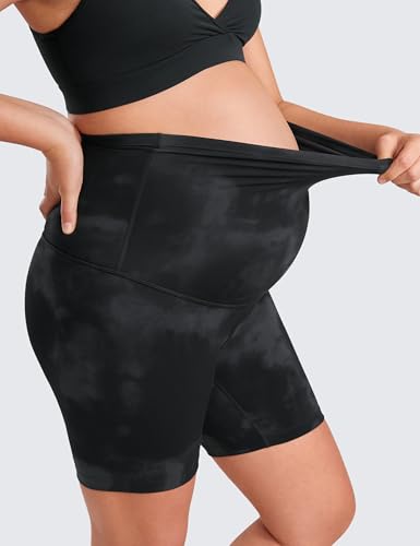 CRZ YOGA Maternity Biker Shorts 6" - color: Black Tie Dye, size: Medium