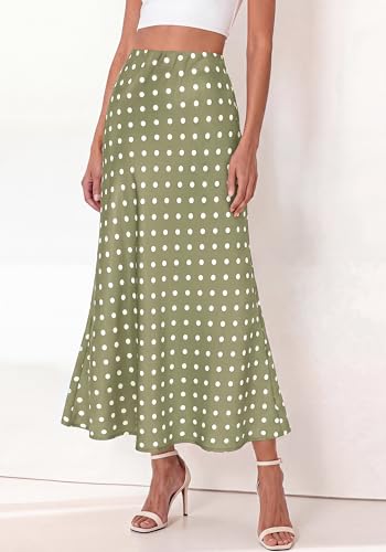 BTFBM Silk Midi Skirts for Women 2026 Summer Fall - color: Dot Green White, size: Medium