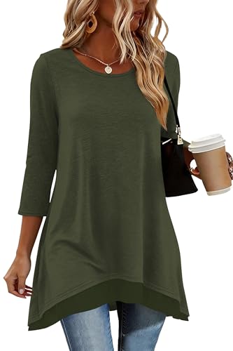 Poetsky Womens 3/4 Sleeve Tunic Tops for Leggings Long Shirts with Pockets - color: Army Green, size: Medium