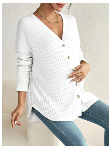 MakeMeChic Women's Maternity Shirts Knit Button Down Nursing Top - color: White, size: Large