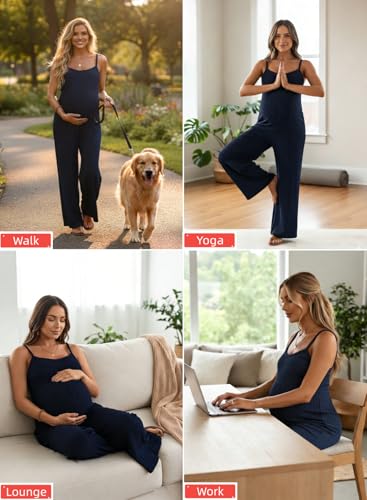 BLENCOT Maternity Ribbed Jumpsuit Stretchy One Piece Wide Leg Romper - color: Navy Blue, size: XX-Large