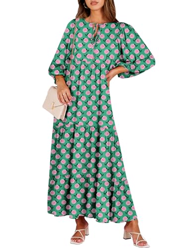 ANRABESS Womens Boho Floral 3/4 Puff Sleeve Maxi Dress - color: Green, size: Medium
