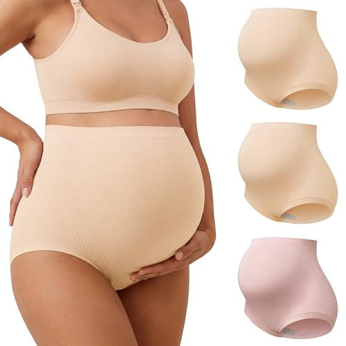 OUGES Women’s Modal 3 Pack Seamless Maternity Underwear Over Belly Stretchy High Waist Soft Pregnancy Postpartum Panties - color: Nude+nude+pink, size: Medium