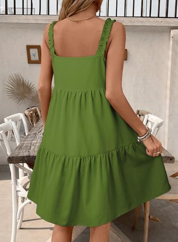 BLENCOT Maternity Dress Sleeveless Tie-Front Ruffle Strap Smocked Tiered Midi Dress with Pockets - color: Green, size: Small