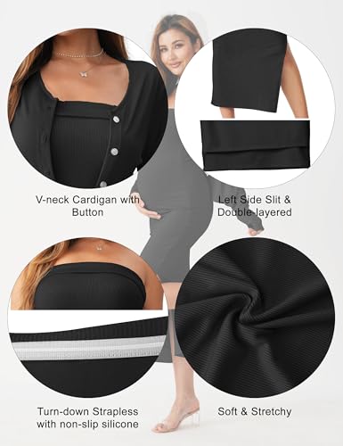 2 Piece Strapless Maternity Dress & Cardigan Set for Baby Shower - color: Black, size: X-Large