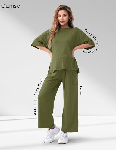 Maternity Lounge Set, 2 Piece Matching Set with Wide Leg Pants - color: Dark Green, size: Large