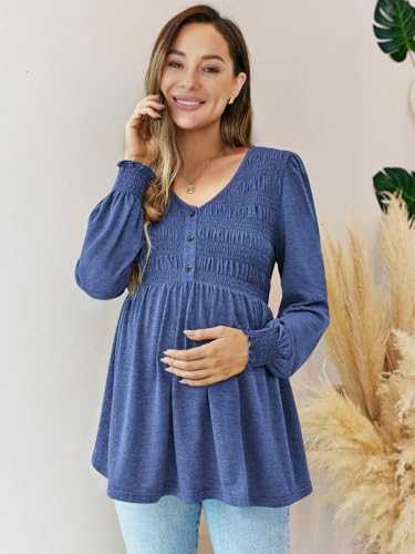 FMEYOA Maternity Tops V Neck Puff Sleeve Smocked Button Maternity Shirts - color: Blue, size: Small