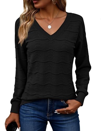 Zeagoo Womens Sweaters Fall Casual Long Sleeve V Neck Shirts Lightweight Crochet Ribbed Knit Pullover Tops Outfits - color: Black, size: X-Large