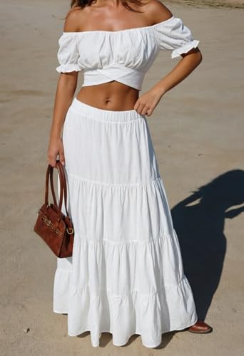 Womens 2 Piece Outfit Boho Summer Vacation Top Maxi Skirt Set - color: White, size: X-Large