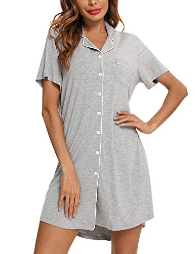 Senert Nightgowns for Women Button Down Sleeve Sleep Shirt Night Gowns - color: Light Grey, size: Medium