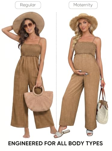 BLENCOT Women's Smocked Maternity Jumpsuit Loose Overalls - color: Khaki, size: Large