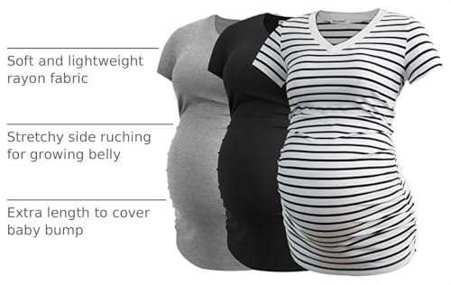Smallshow Women's V Neck Maternity Clothes Tops Side Ruched Pregnancy T Shirt - color: Black-light Grey-white Stripe(3 Pack), size: X-Large