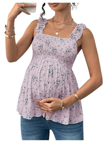 SweatyRocks Women's Maternity Tank Tops Floral Babydoll Blouse Shirts Top - color: Light Purple, size: Large
