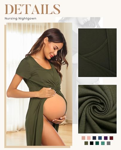 Nursing Nightgown Short Sleeve Breasfeeding Birthing Gown Maternity Dress - color: Pink, size: Large