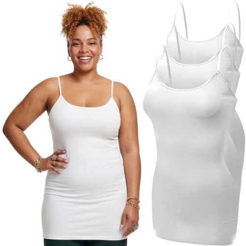 Emmalise Women's Basic Casual Long Camisole Adjustable Strap Cami Layering Top - color: 3pk - White, White, White, size: Medium