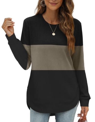 OFEEFAN Womens Sweatshirt Crewneck Long Sleeve Shirts High Low Tops Curved Hem - color: Black Brown, size: XX-Large