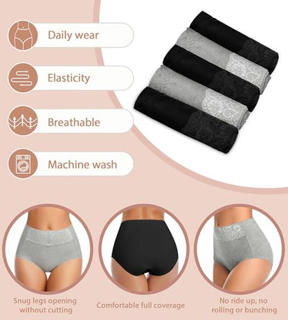 MISSWHO Women's High Waisted Cotton Underwear Soft Breathable Full Coverage Stretch Briefs Ladies Panties 5-Pack - color: Black*3 Grey*2, size: Large