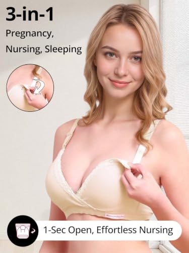 Cross-Front Cotton Nursing Bras - Wireless V Neck Sleep & Lounge Bralette, Comfy Wirefree Pregnancy & Breastfeeding Bra - color: Beige, size: Large