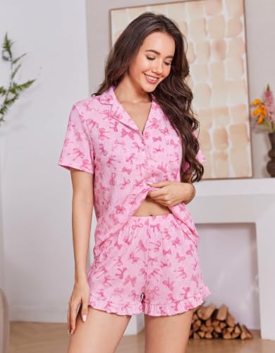 Ekouaer Women's Pajamas Sets Button Down Pjs Short Sleeve Ruffle Sleepwear - color: Bow, size: Small