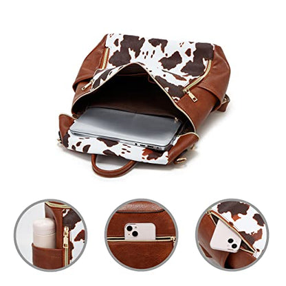 Makes Backpack Purse for Women PU Leather Casual Backpack Daily Travel Bag - color: Cow Brown Pattern