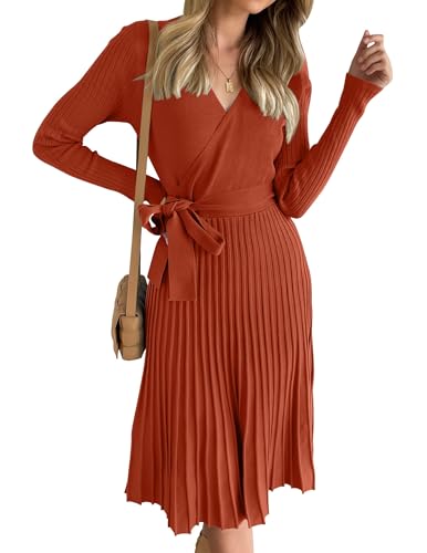 ZESICA Women's Long Sleeve Wrap Sweater Midi Dress with Belt - color: Rust, size: Large