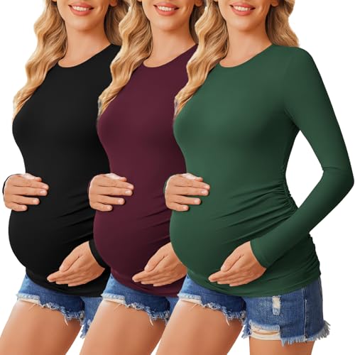 Ekouaer Women's Maternity Crew Neck Long Sleeve Tee 3 Pack - color: 3pcs Black / Burgundy Red / Green, size: Medium