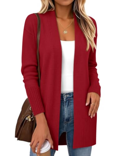 Zeagoo Cardigan Sweaters for Women Open Front Cardigans Long Sleeve Sweater - color: Red, size: Medium