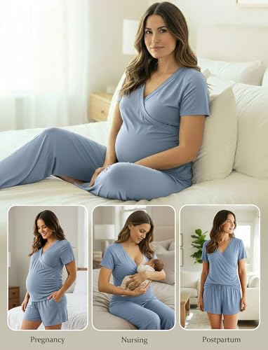 PATPAT 3-Piece Maternity Nursing Pajamas, Womens Lounge Set with Pockets - color: Dusty Blue, size: Small