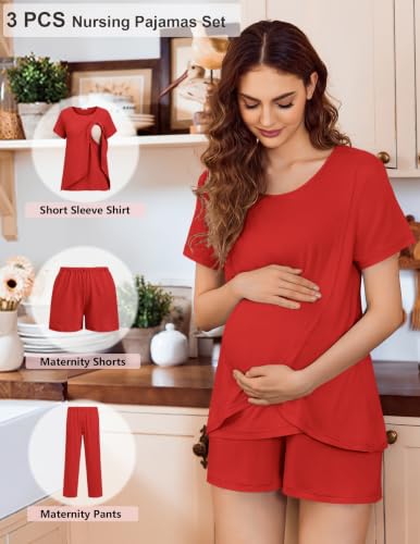 Ekouaer 3 PCS Maternity Nursing Pajamas Set Postpartum Breastfeeding PJS - color: Classic Red, size: Medium