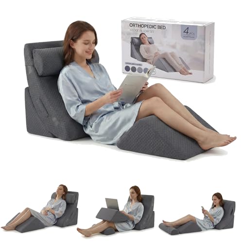 Axelrod 4PCS Orthopedic Bed Wedge Pillow Set, Post Surgery Foam for Back, Neck and Leg Pain Relief Comfortable & Adjustable Pillows- Anti Snoring, Heartburn, Acid Reflux & GERD Sleeping Melange Gray - color: Melange Gray-4pcs, size: 4 Pieces