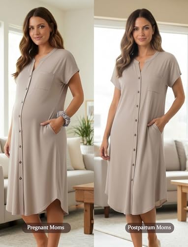 PATPAT Maternity Nursing Dress, Womens Button-Down Midi Dress with Pockets - color: Beige, size: X-Large