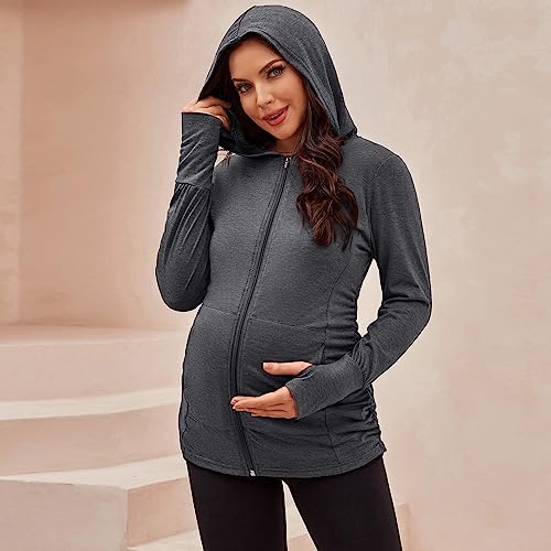 DEBELLY Maternity Sweatshirt Zip Up Hoodie Pockets Pregnancy Postpartum - color: Dark Grey, size: Medium