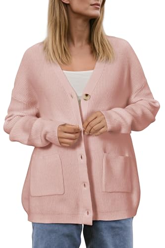 OUGES Women's Wool Blend Chunky Oversized Cardigan Soft Knit Button Down Sweater with Pockets 2026 - color: Grey Pink, size: Medium