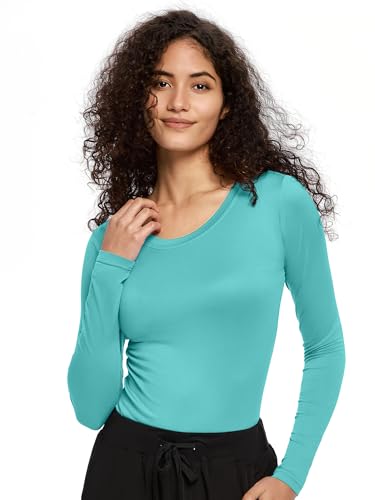 COZYFIT Underscrub Long Sleeve Women, Scrubs Undershirts, Crew Neck - color: Aqua Blue, size: Medium