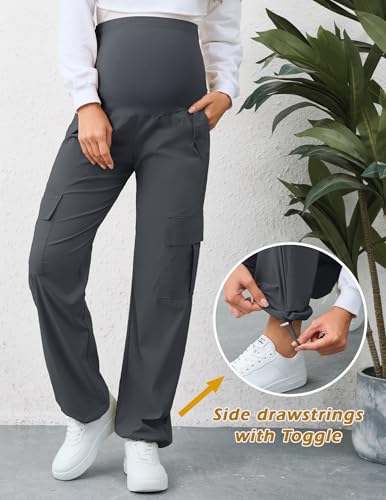 AMPOSH Women's Maternity Cargo Pants with 6 Pockets Quick-Dry Pregnancy Hiking Pants - color: Black/Dark Gray, size: Medium