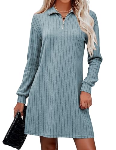 Naggoo Womens Fall Long Sleeve Dresses Collared V Neck Sweater Mini Dress - color: Blue, size: Large