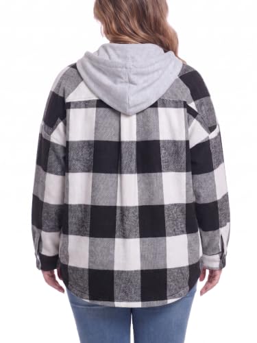 OLRIK Women's Plus Size Hooded Flannel Shacket Zip Up Jacket - color: Beige Black Gray, size: 3X