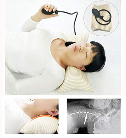 Inflatable Pillow Cushions, Height Adjustable Neck Cervical Head Support, Soft Portable Pillow with Pump for Car, Home, Office, Travel, Camping, Pillow Case Removable (Brown)